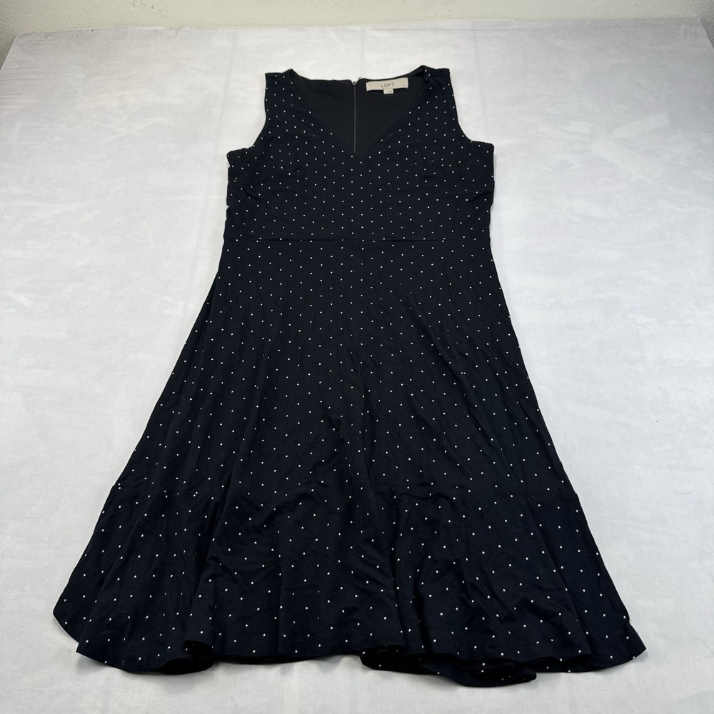 LOFT Dress Size 2 Black White Polka Dot Sleeveless Fit Flare Midi